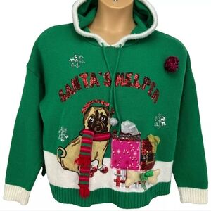 It's Our Time  Santa's Helper Pug Dog Hood Ugly Christmas Sweater XL